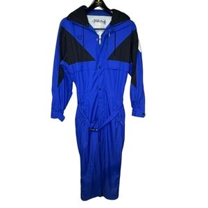 Black Bear Men Snowsuit Vintage 80s 90s Ski Retro Zip Snap One Piece Blue Medium